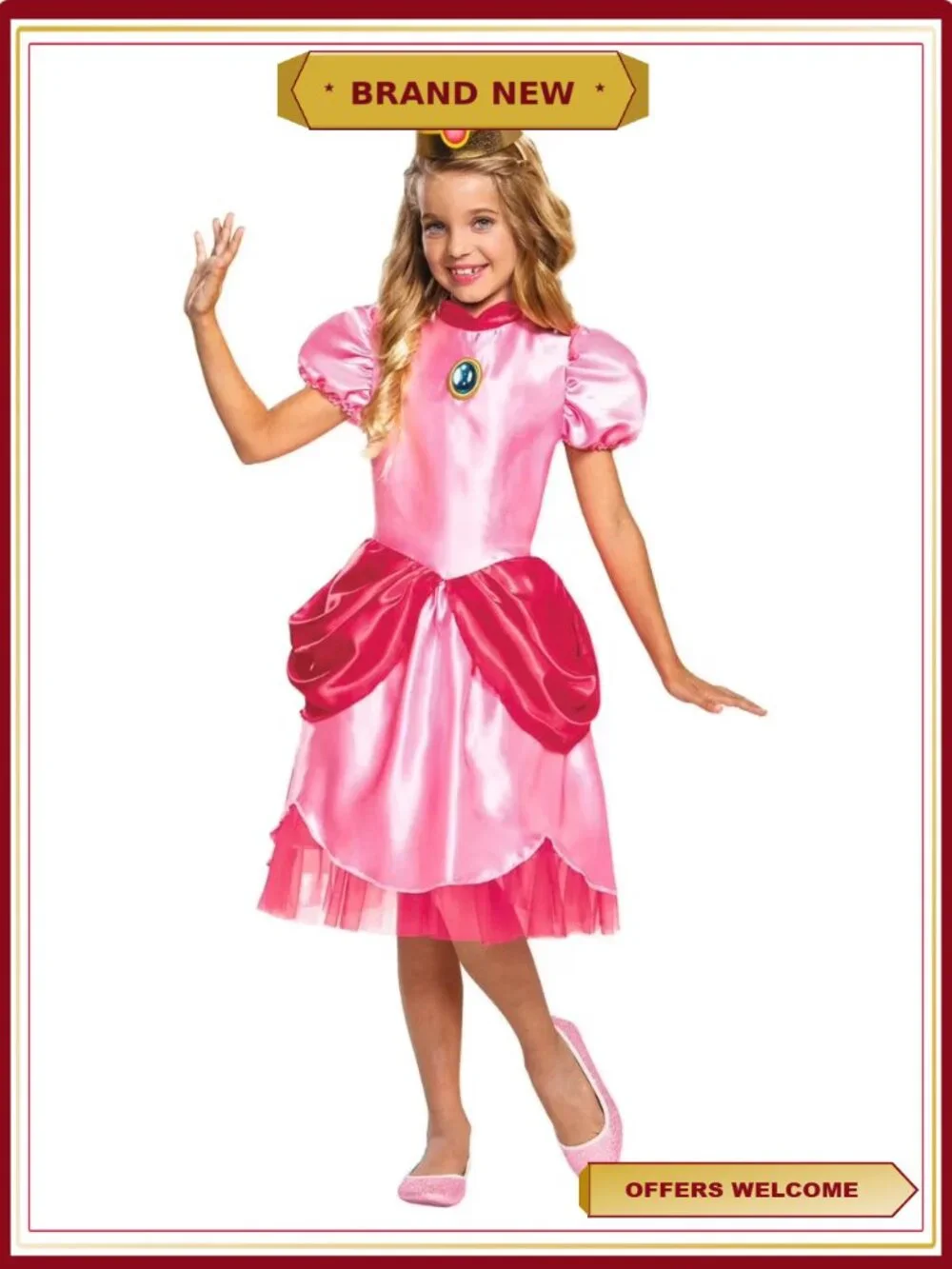 Princess Peach Costume Girls Dress Crown Amulet Role Play Halloween